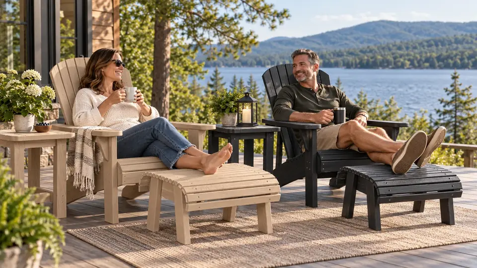Two Muskoka chairs with ottomans on a lakeside deck